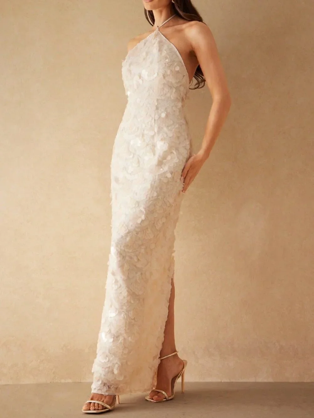 Apricot Sequined Halter-Neck Women's Backless High-Slit maxi Dress